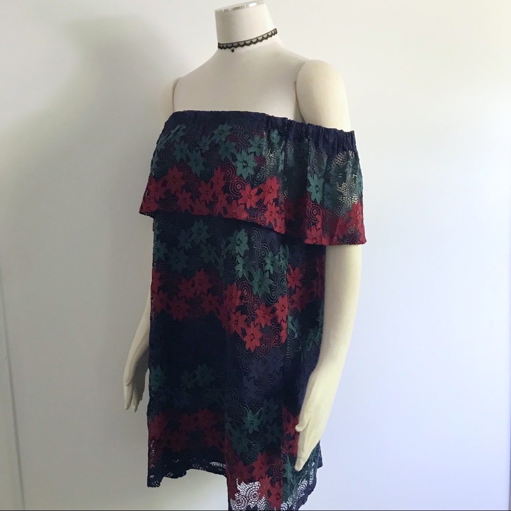 Off Shoulder Ruffle Tiered Boho Lace Shift Dress